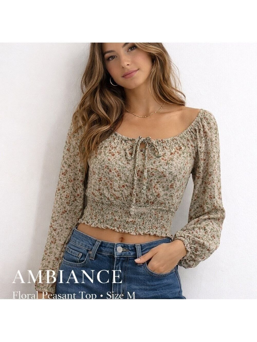 Ambiance Floral Peasant Crop Top Smocked Cottagecore Boho Blouse M